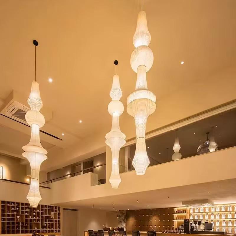 Japanese Wabi-sabi Style Isamu Noguchi Xuan Paper Long Vintage Chandelier for Aisles, Staircases, and Loft Window Displays.