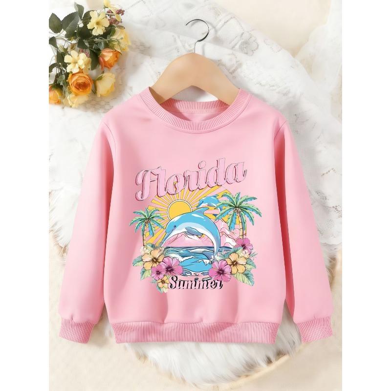 Unisex Kids Crewneck Sweatshirt, Florida Summer Dolphin Palm Tree Floral Print Pullover, Boys Girls Beach Casual Sweatshirt For Kids Over 4 Years Old
