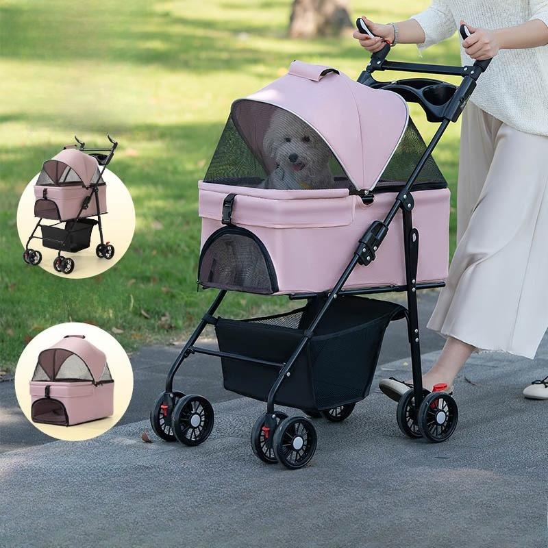 Metal Pet Stroller Lightweight Foldable Detachable Carrier Outdoor Travel Cart for Dogs Cats Removable Basket Pet Walking