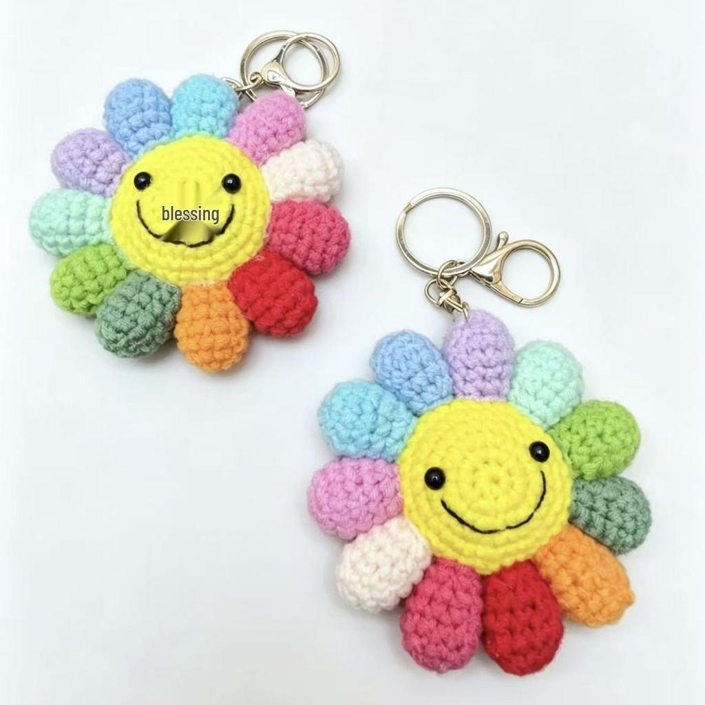 Colorful Wool Hand-knitted Smiley Face Flower Keychain Pendant for Car or Bag Ornament