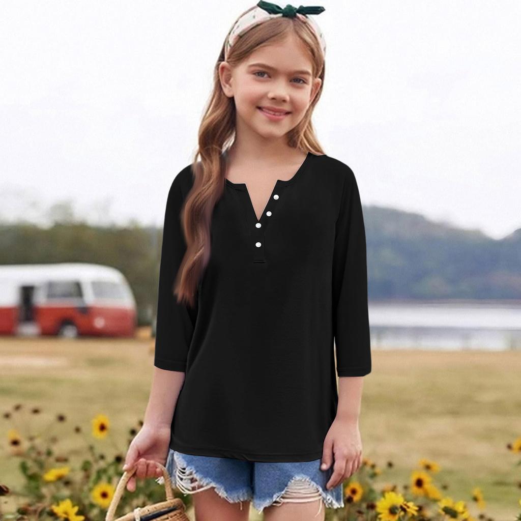 Print Tops For Youth Girls Round Neck 3/4 Sleeves T-Shirts Trendy Tops Outfit Tees