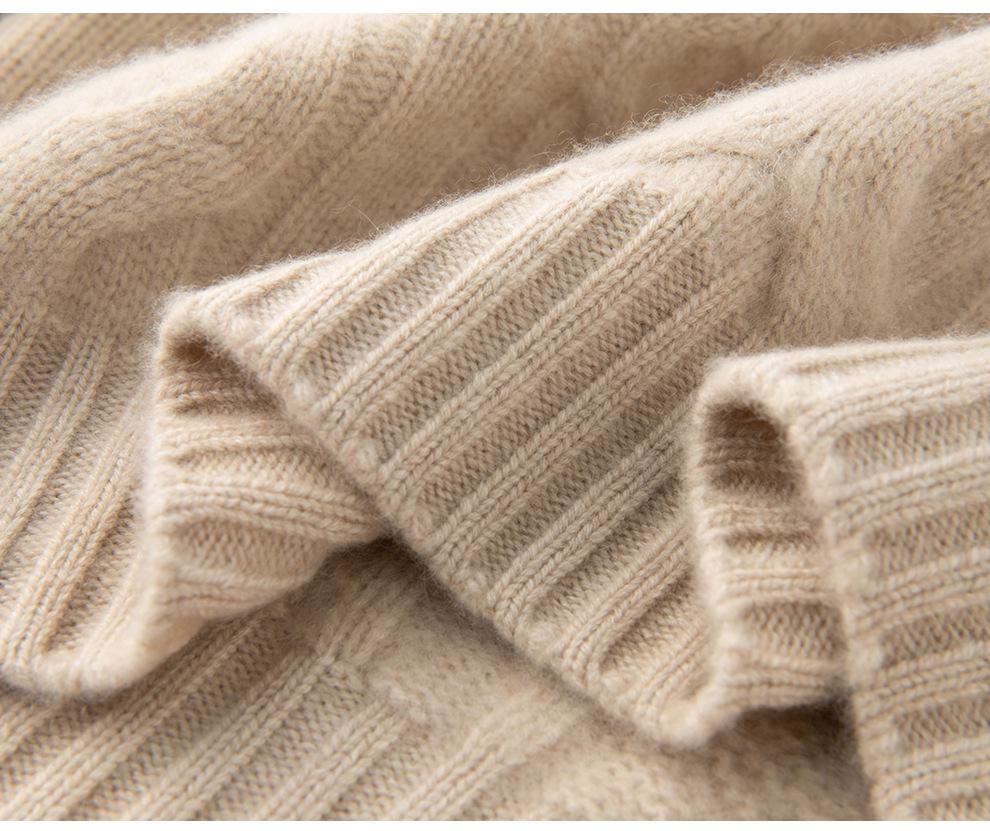 Women's Round Neck Cable Knit Cashmere Sweater - 2026 Autumn/Winter, Gentle Style, Solid Color, Thick and Warm Base Layer.