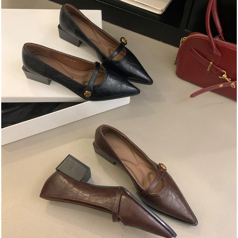 Vintage Low-heeled Women's Shoes Spring/Summer New Style Fashionable Golden Buckle Pointed-toe Comfortable Small Shoes