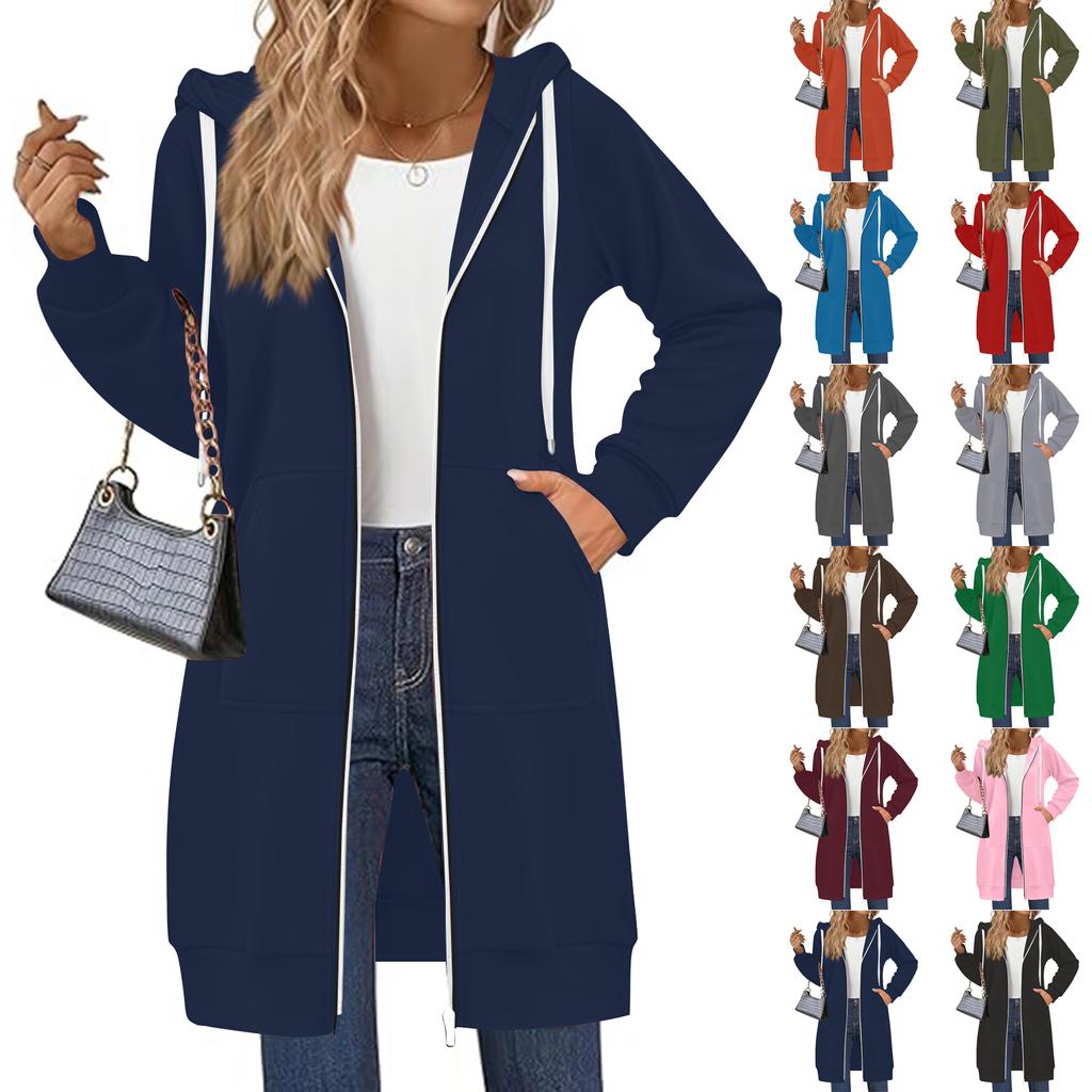 Damen Einfarbig Slim Fit Reißverschluss Rundhals Langarm Locker Kapuzenmantel Mittellang