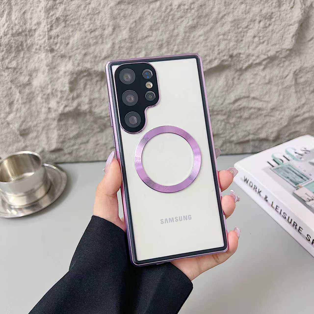 

Магнітний чохол для Samsung Galaxy S25 S24 S23 S22 Ultra/Plus/FE/+, з Magsafe та алюмінієвою рамкою та двостороннім загартованим склом, бампер для телефону Galaxy S22 Ultra фіолетовий