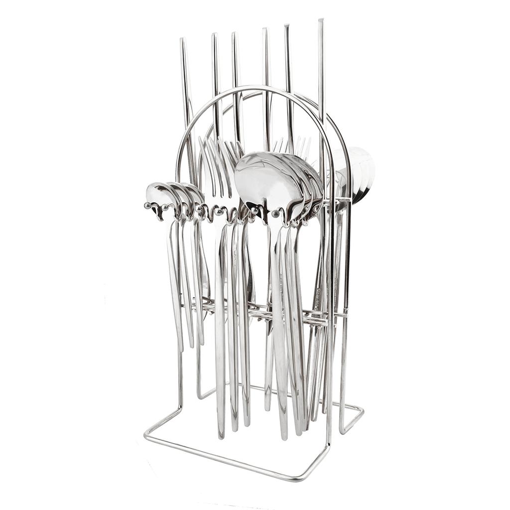 24stk sort gull servisesett rustfritt stål bestikksett kjøkkengaffel kniv skjeer servisesett bestikksett sølvtøy stativ