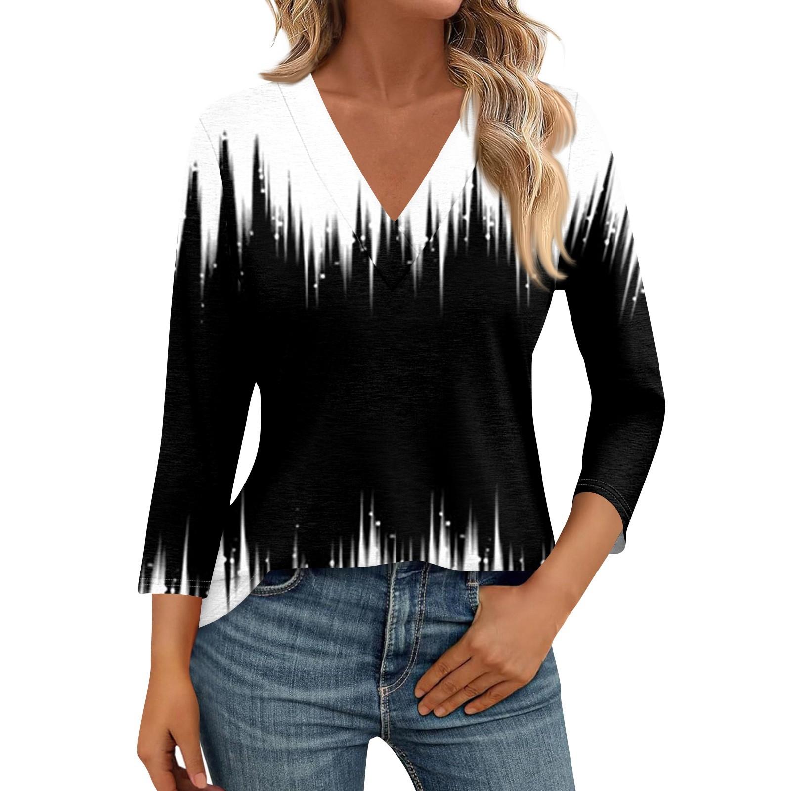 

Женские рубашки с рукавом 3/4, топы с принтом и V-образным вырезом, повседневные топы, базовые футболки, блузки, свободные топы XXXL чёрный