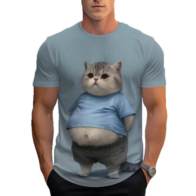 Mens 3D Printed Fun Blue Cat Graphic Tee - Casual Round Neck Short Sleeve T-Shirt Adults Teens