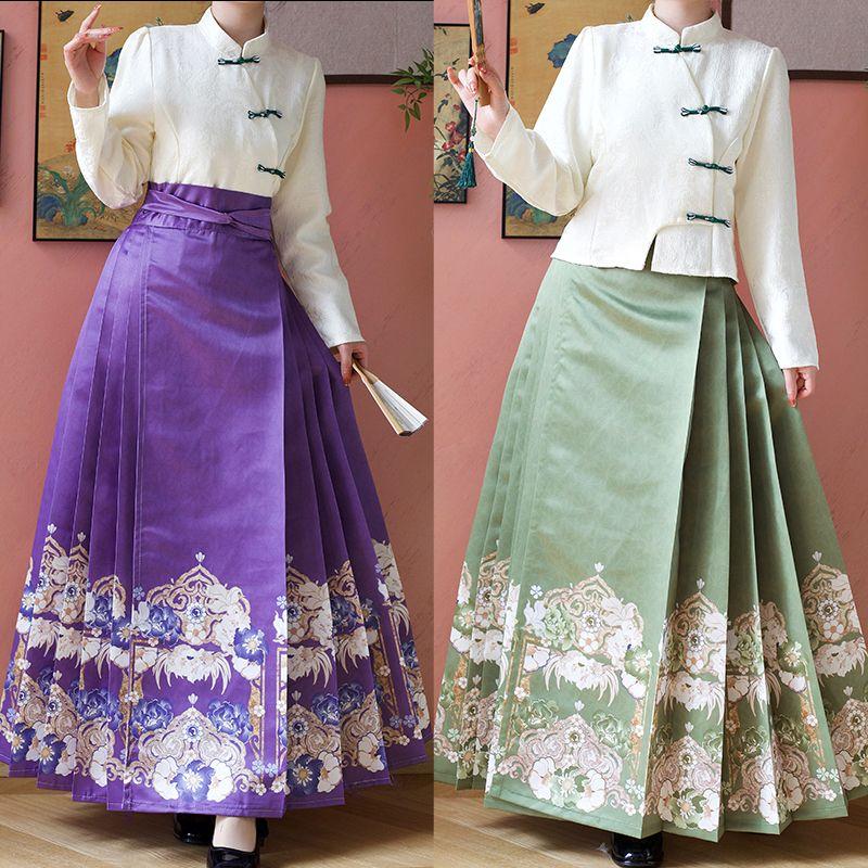 Chinese Ming Dynasty Style Hanfu For Women Stand Collar Summer Daily Printed horse-face Skirt
