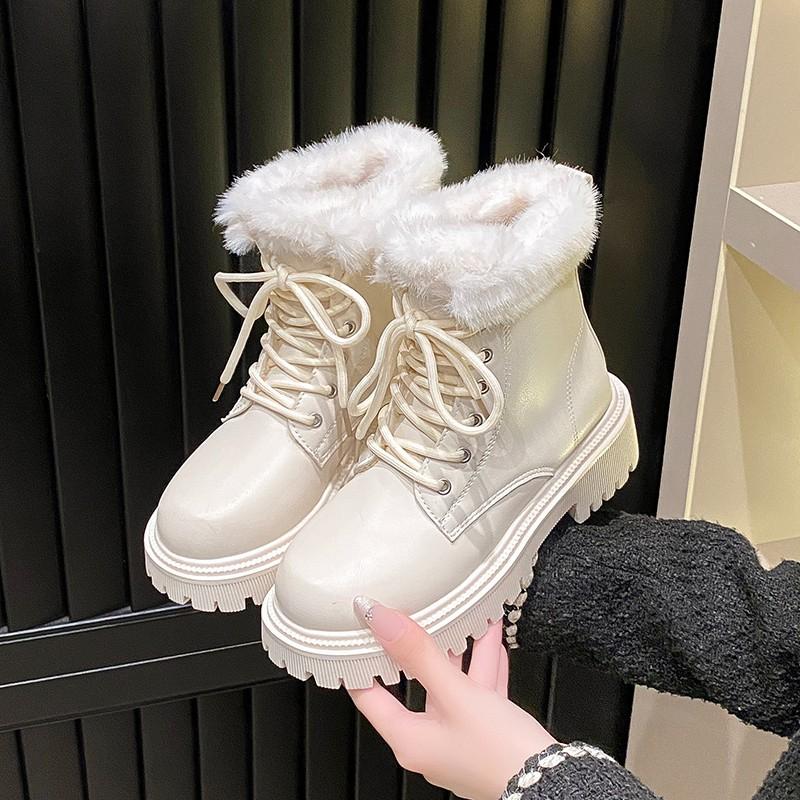 Fashion Winter New Block Heel Cotton Boots Women's Fashion Round Toe Lace-Up Front Platform Non-Slip Short Shoes