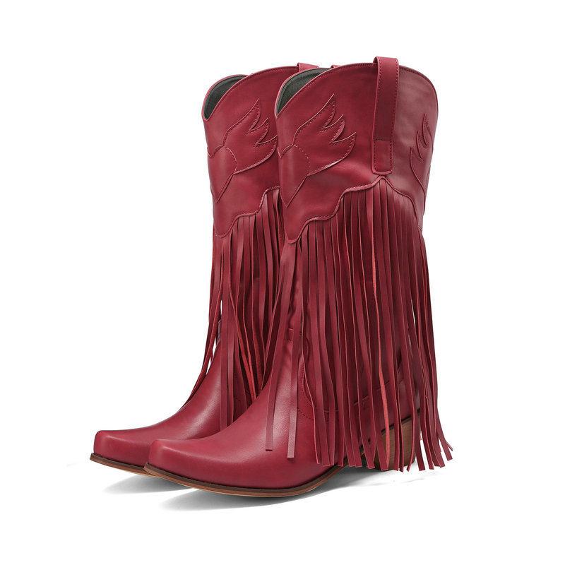 Large Size New Style Women Retro Ethnic Western Cowboy Boots Block Medium Heels Tassel Fringe Knee High Boots Lady Winter Shoes