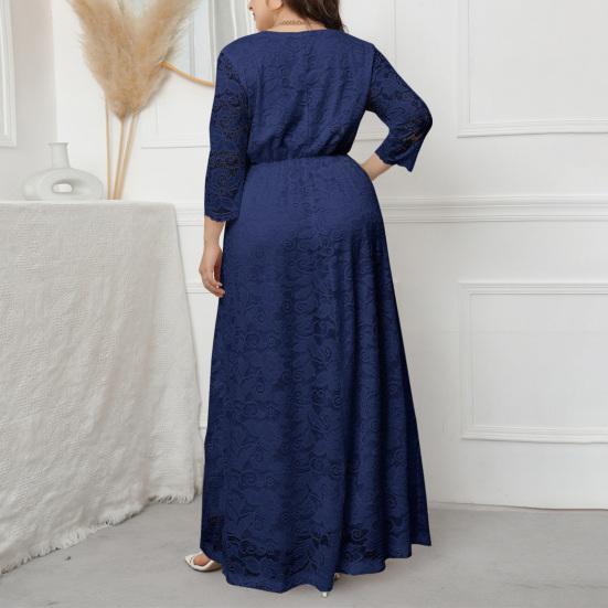 Women Maxi Dress V-Neck 45720 Sleeve High Waist Long Dress Embroidery Lace Flower Wedding Vacation