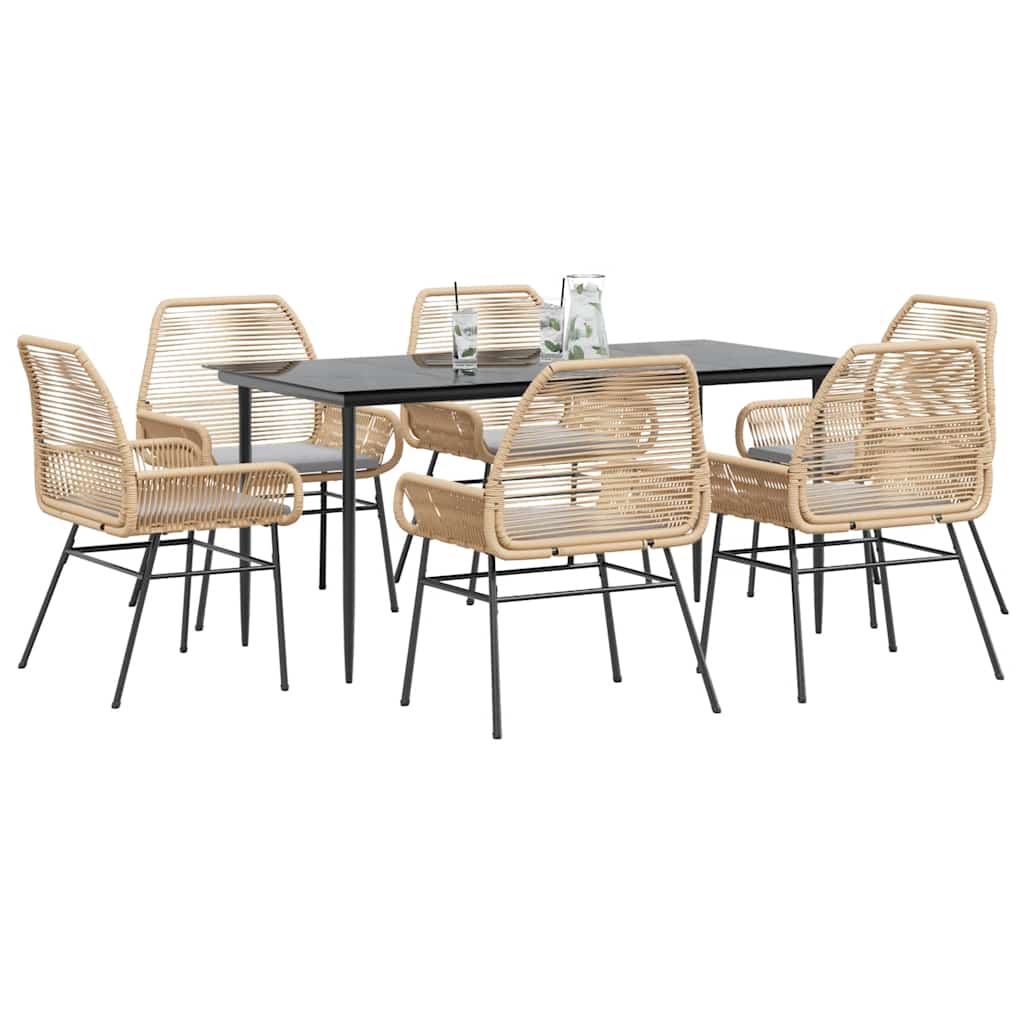 7 Piece Outdoor Dining Set with Cushions Brown Poly Rattan Glass Table