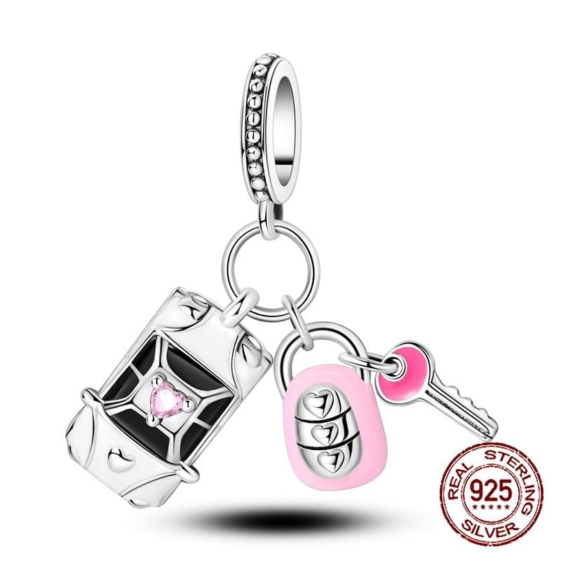 Cobre Coração Cadeado Chave Corrente Eterna Chaveiro Charms Pendentes Contas Ajuste Pulseira Colar Joias DIY