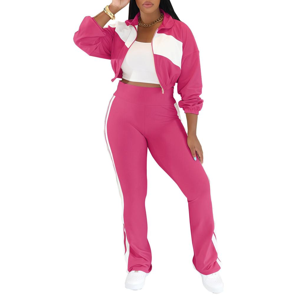 Women's Sports Casual Patchwork Set: Long Sleeve Zipper Jacket & Two-Piece Outfit