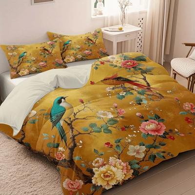 3-teiliges Steppdecken-Set mit Digitaldruckmuster 'Zwei Vögel tanzen mit Blumen' - Enthält 1 Steppdeckenbezug und 2 Kissenbezüge (Ohne Füllung)