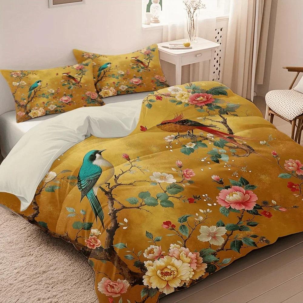 

3Pcs Two Birds Dancing With Flowers Pattern Digital Print Quilt Set - Includes 1 Quilt Cover And 2 Pillow Cover (Without Filler) EU Twin(135x200cm)