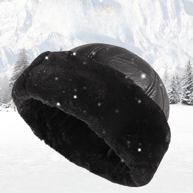 Große Größe Retro Rindsleder Bombermütze Winter Warm Halten Mützen Herren Damen Pu-Lederkappe Dickes Samt Papa Mütze Leder Große Größe Kappe