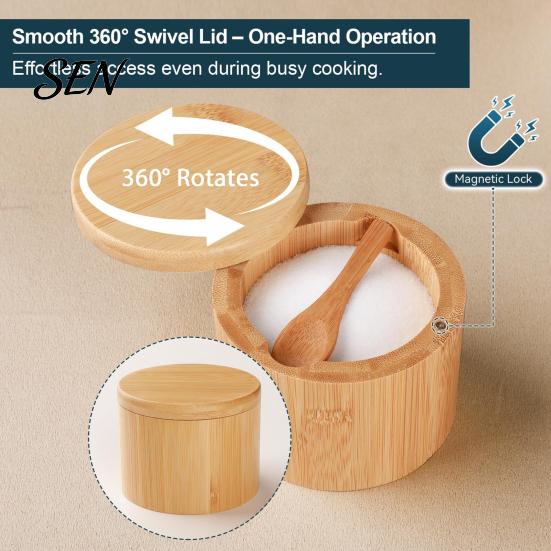 Decorative Wood Spice Keeper Salt Container with Swivel Magnetic Lid, Built-in Spoon Seasoning Lid Condiment Holder Jar, Moisture Proof for