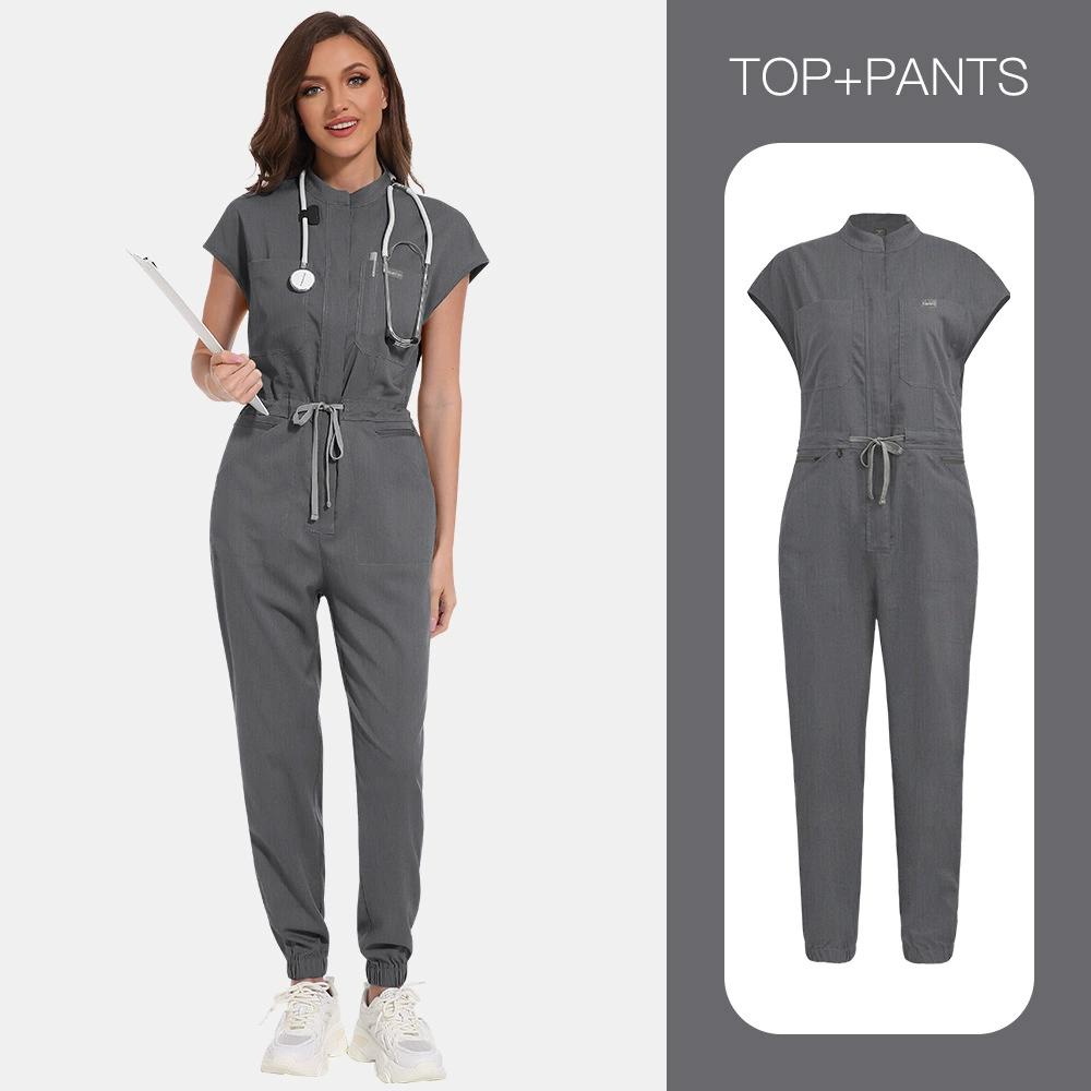 Niaahinn Scrubs Clinical Uniform Woman Fashion Jumpsuit Elastic Breathable Work Wear Color Blocking Drawstring Straight Jumpsuit