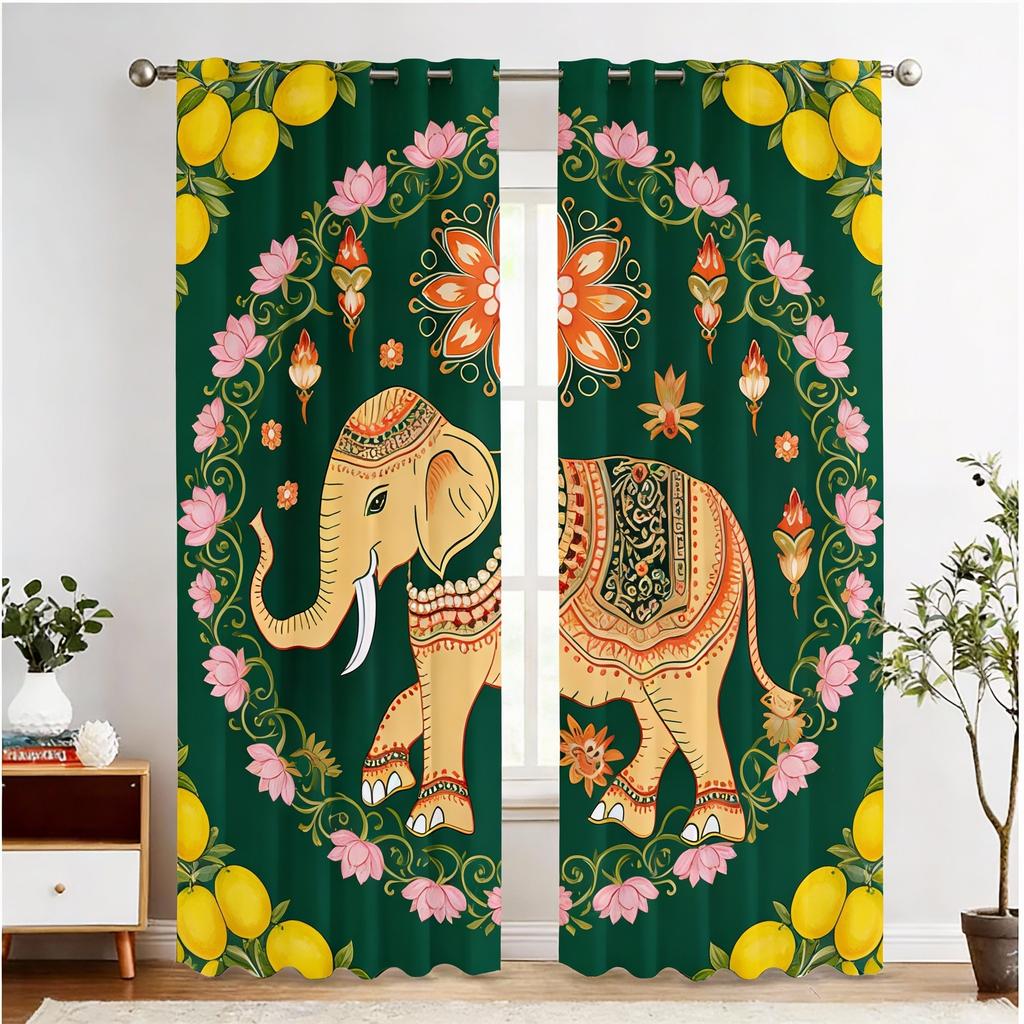 2 stuks Thaise Olifant Print Gordijnen - Levendig Bloemen- en Geometrisch Ontwerp, Verduisterend Stof, Stangzak Ophanging, Machinewasbaar