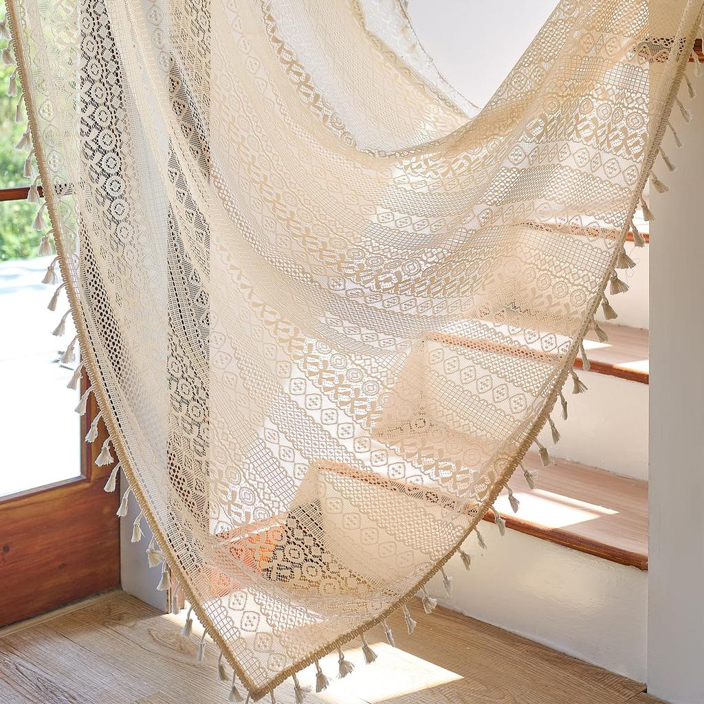 Boho Crochet Curtain, Sheer Lace Handmade Tassels Knitted Window Treatment Vintage Rustic Bohemian Farmhouse Drape for Bedroom