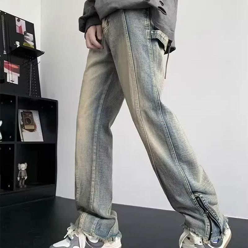 Youthful Vitality Zipper Detail Bootcut Jeans Men's Clothing High Street Denim Pants Distressed Stylish Rough Selvage Trousers