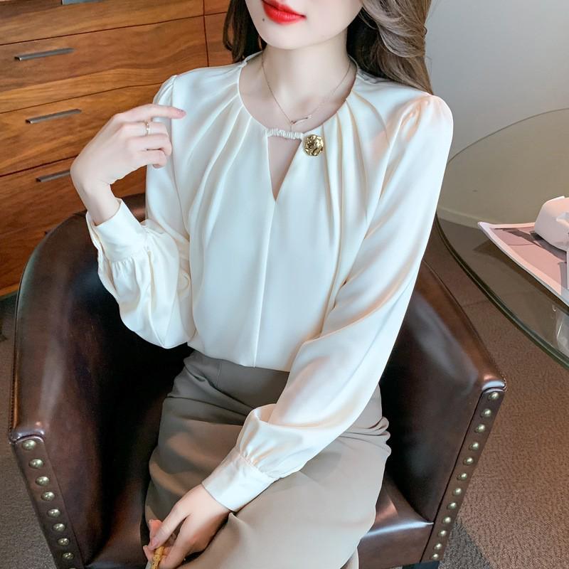 2026 Spring/Autumn Women's Stylish Long Sleeve Chiffon Top - Loose, Slimming, and Belly-Hiding Shirt