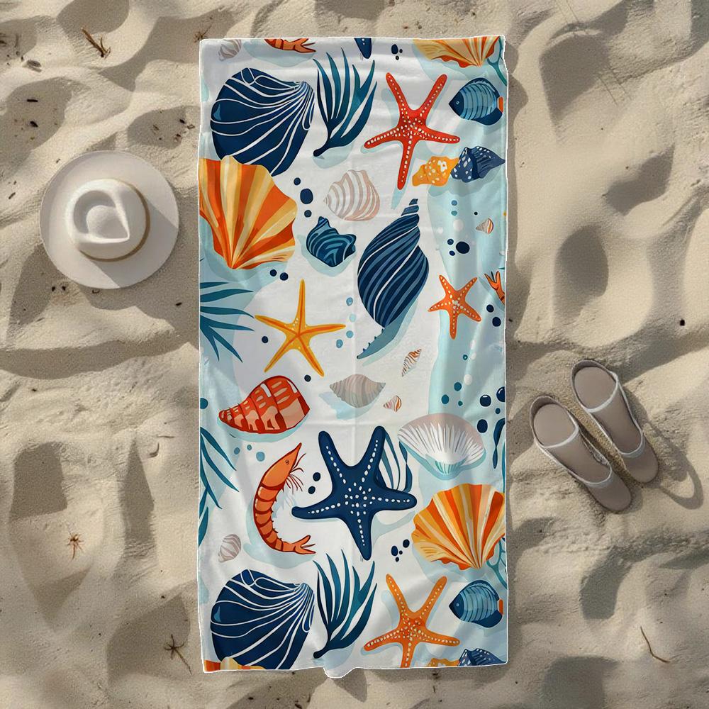 Coastal Seashell & Marine Life Pattern Beach Towel, Soft Durable Quick-Drying, Ideal For Summer Beach, Swimming & Camping