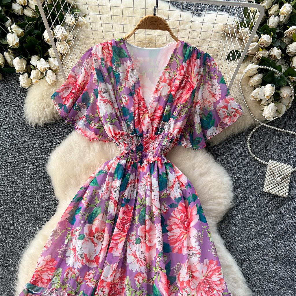 Retro V-Ausschnitt Schmetterlingsärmel Druck Chiffon Elegantes Sommerkleid A-Linie Schlagärmel Urlaubsdruck Damenkleider
