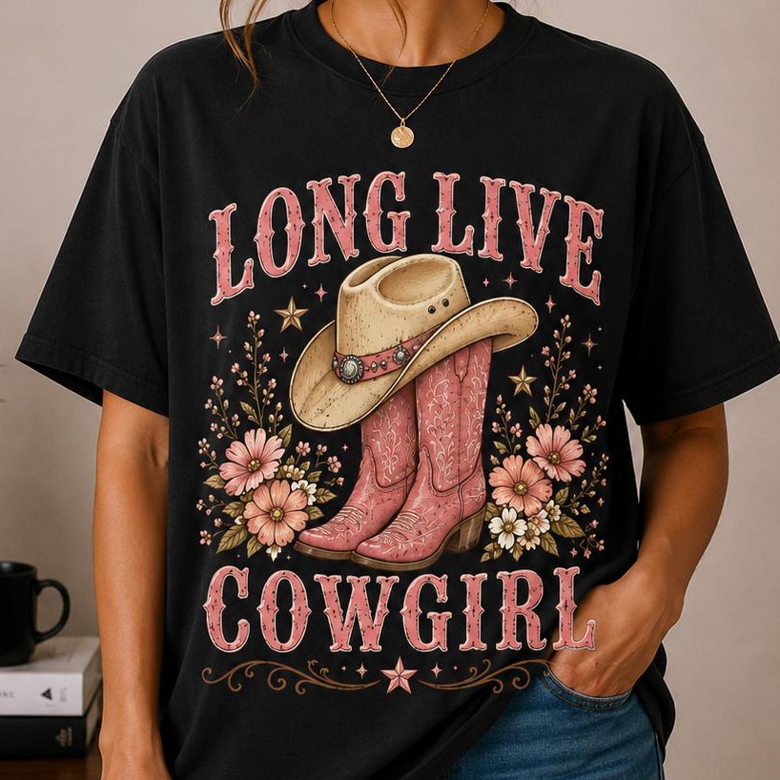 Long Live Cowgirl Shirt, Western Cowgirl Tee, Country Girl T Shirt, Pink Cowboy Boots Graphic Tee, Rodeo Shirt for Women S