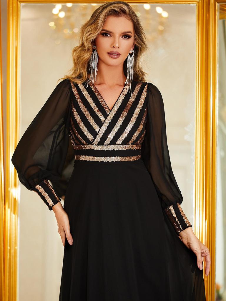 Chiffong Paljetter V-ringad Kvällsklänning med Nätkjol för Vår & Höst