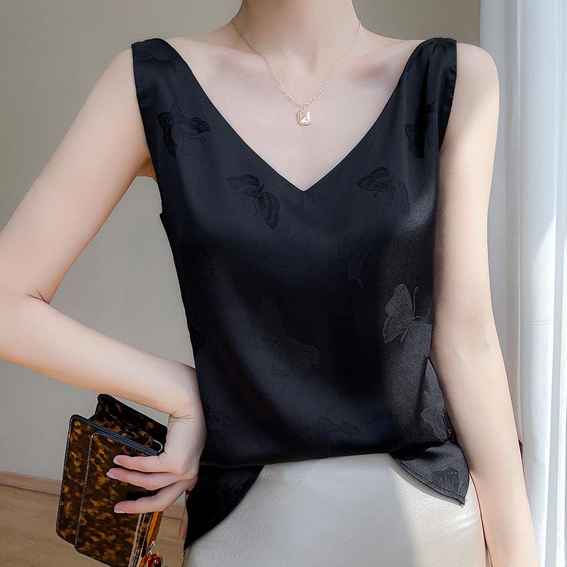 2023 Summer Women's V-Neck Silk Satin Camisole with Draped Silhouette