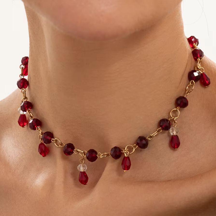 KunJoe Vintage Exquisite Schwarz Rot Kristall Perlen Quaste Anhänger Halskette Damen Gotisch Handgefertigt Schlüsselbein Kette Halloween Schmuck