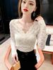 Women's V-Neck Lace Mesh Velvet Top - Long-Sleeve, Slim, Stylish for Autumn/Winter