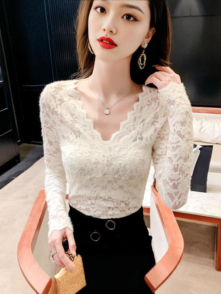 Women's V-Neck Lace Mesh Velvet Top - Long-Sleeve, Slim, Stylish for Autumn/Winter