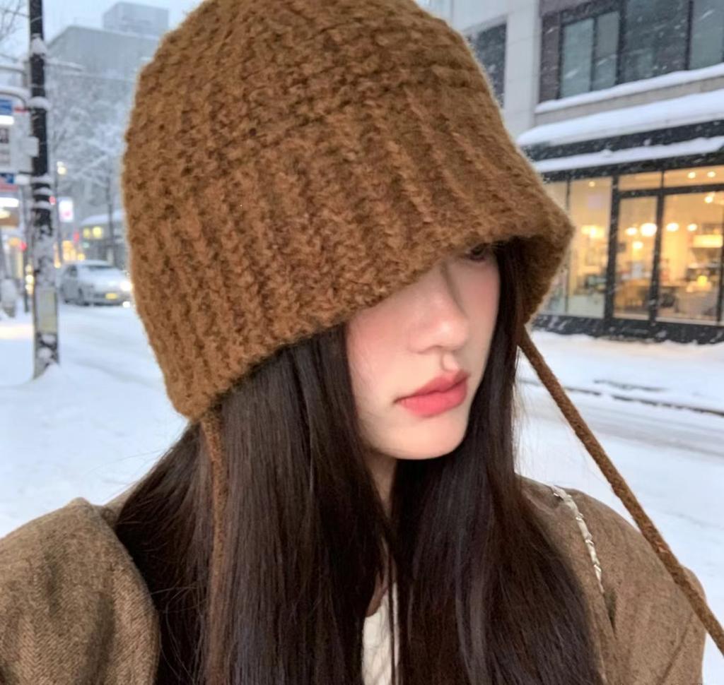Autumn and winter new lace-up knitted bucket hat women's thick wool showing face small bucket hat strap thermal basin hat