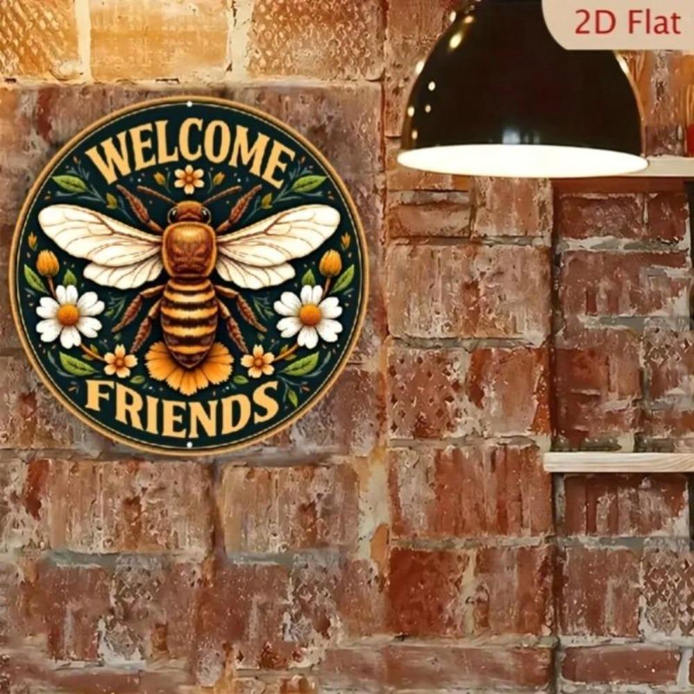 Vintage Bee Welcome Sign Round Aluminum Wall Art Floral Accents Home Decor Coffee Bar Wall Hanging