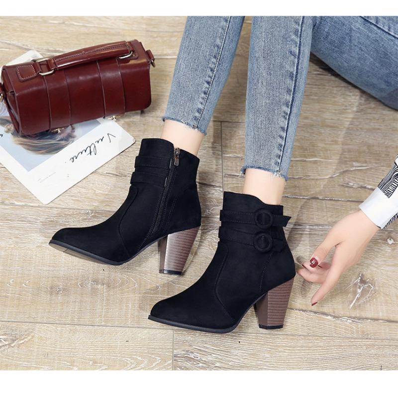 Fashion Thick High Heels Ankle Boots Women 2025 Pointed Toe Keep Warm Elegant Short Booties Side Zipper Boots for Woman Buckle Decor