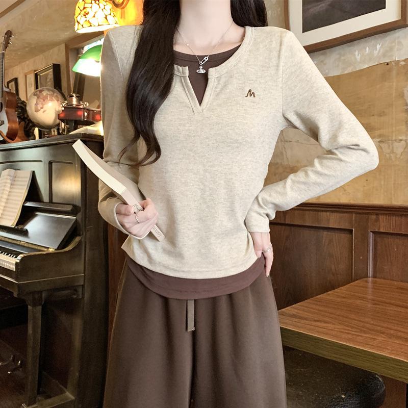 

Spring Autumn Fake Two Pieces Long Sleeve T-shirt Women Casual Fashion Patchwork All-match Pullover Tee Top S абрикосовый