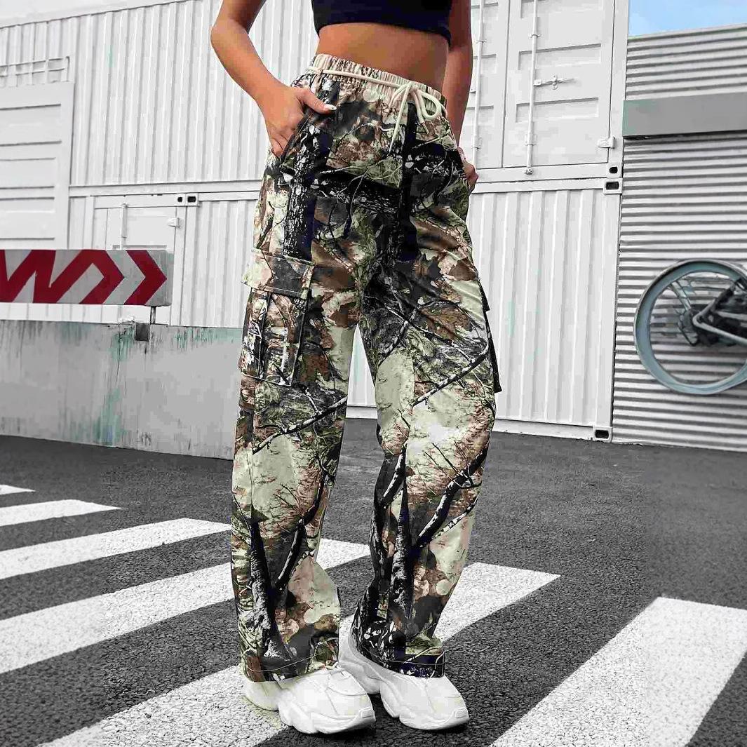 European and American fashion casual personalized woven printed trousers heavy industry rubber band waist camouflage overalls women s cool Sa style us size s
