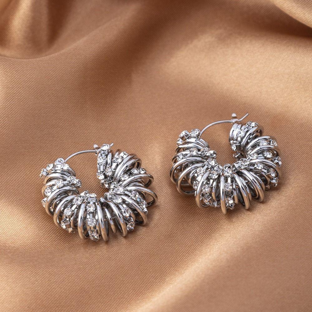 European and American Diamond Studded Spiral Wound Earrings with Spring Loops, Trendy Ear Buckles, Light Luxury and Cool Style E