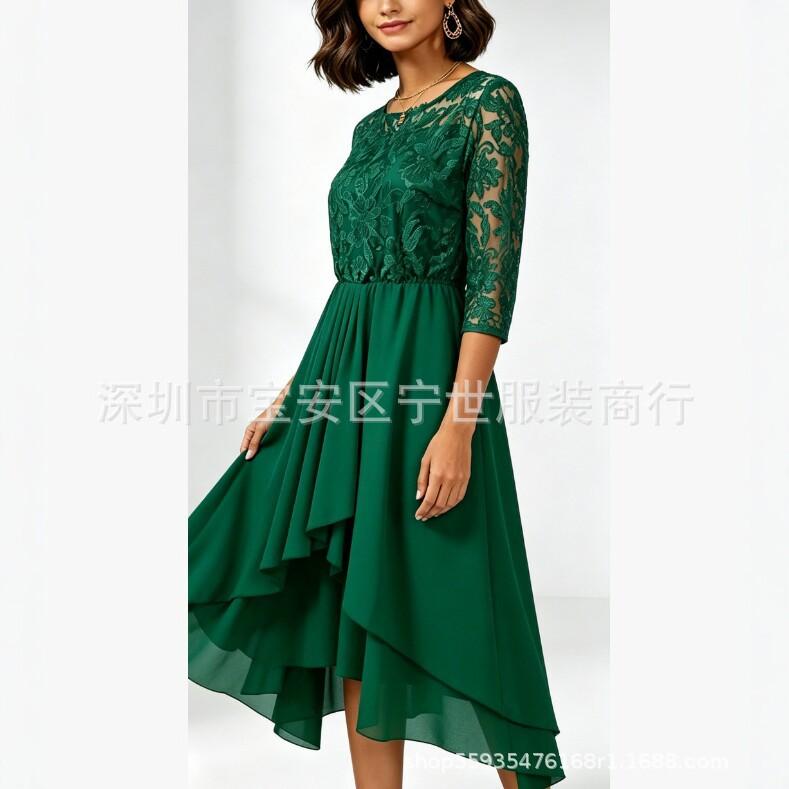 European and American New Lace Splicing Seven-quarter-sleeved Chiffon Irregular Hem Dress In Stock