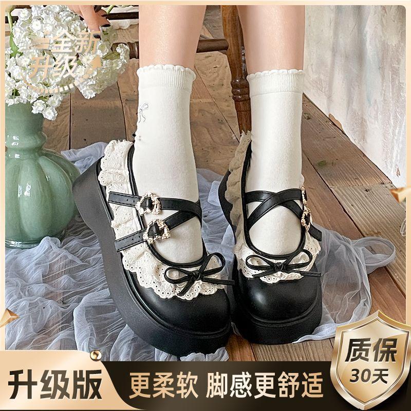 Black small leather shoes women's spring ballet style platform Mary Jane bow round head shoes height-increasing single shoes