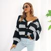 Women S V Neck Lantern Sleeve Contrast Color Short Cardigan Sweater Coat