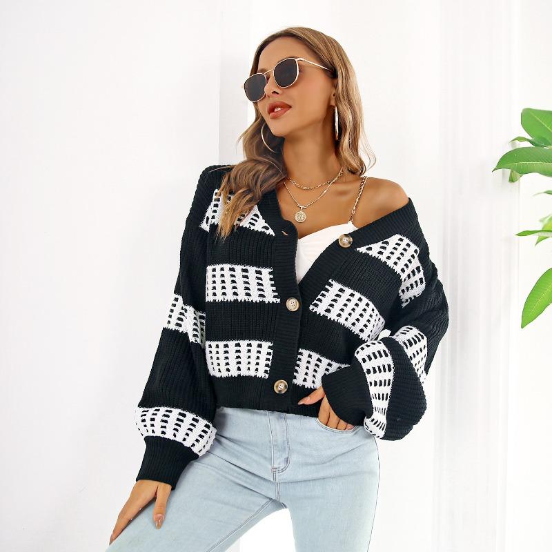 Women S V Neck Lantern Sleeve Contrast Color Short Cardigan Sweater Coat