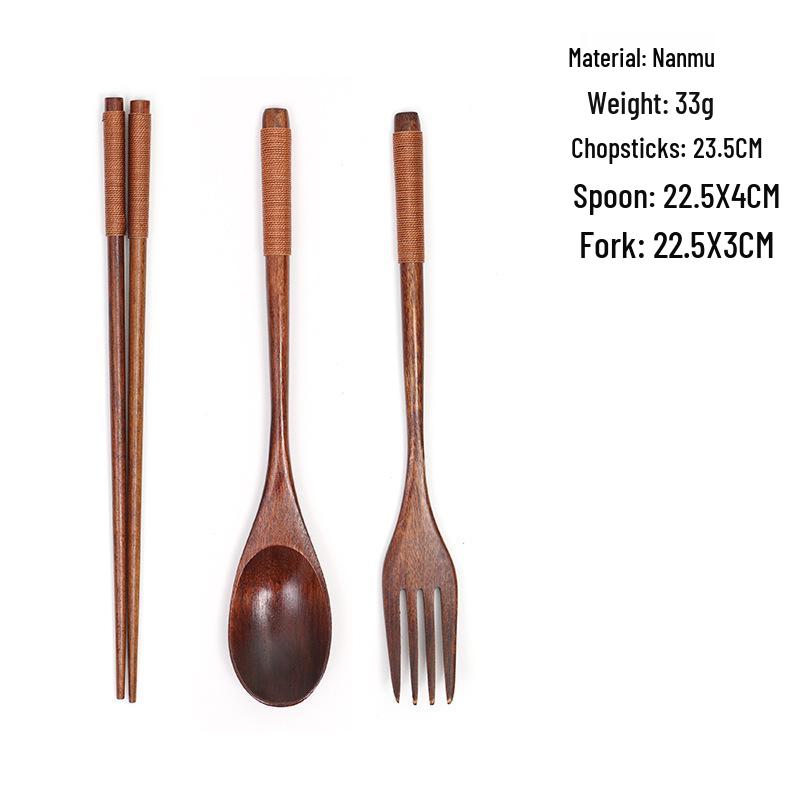 Camphorwood Three-Piece Cutlery Set: Chopsticks, Fork, and Spoon, Solid Wood, Portable and Individual Use.