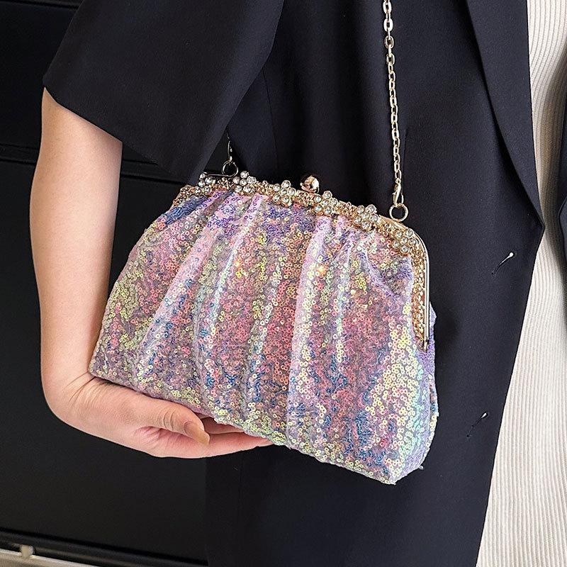 2025 New Temperament Light Luxury Celebrity Holding Dinner Bag Trendy Fashion High Sense Sequined Chain Messenger Bag