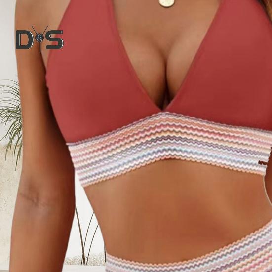 2ks/sada Dámská sada bikin Color Block podprsenka s výstřihem do V a plavky s vysokým pasem Sada nastavitelných popruhů Plážové plavky