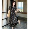 Korean Black Floral Dress Women's Summer Bubble Sleeves Waist Thin Gentle Wind French Retro Japanese Versatile Long Dress